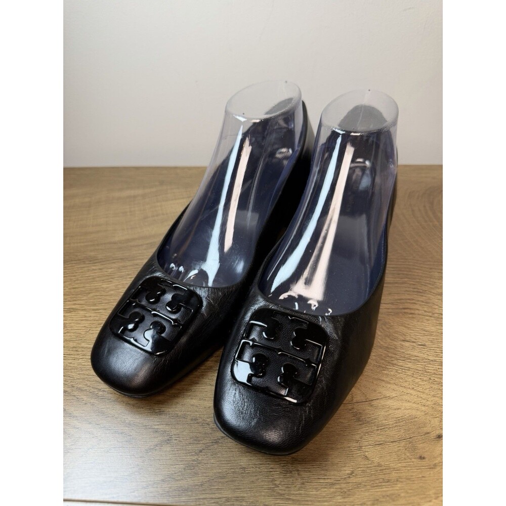 Tory Burch Georgia Pump Black Leather Double T Logo Block Heel Sz 9 S/N 164643